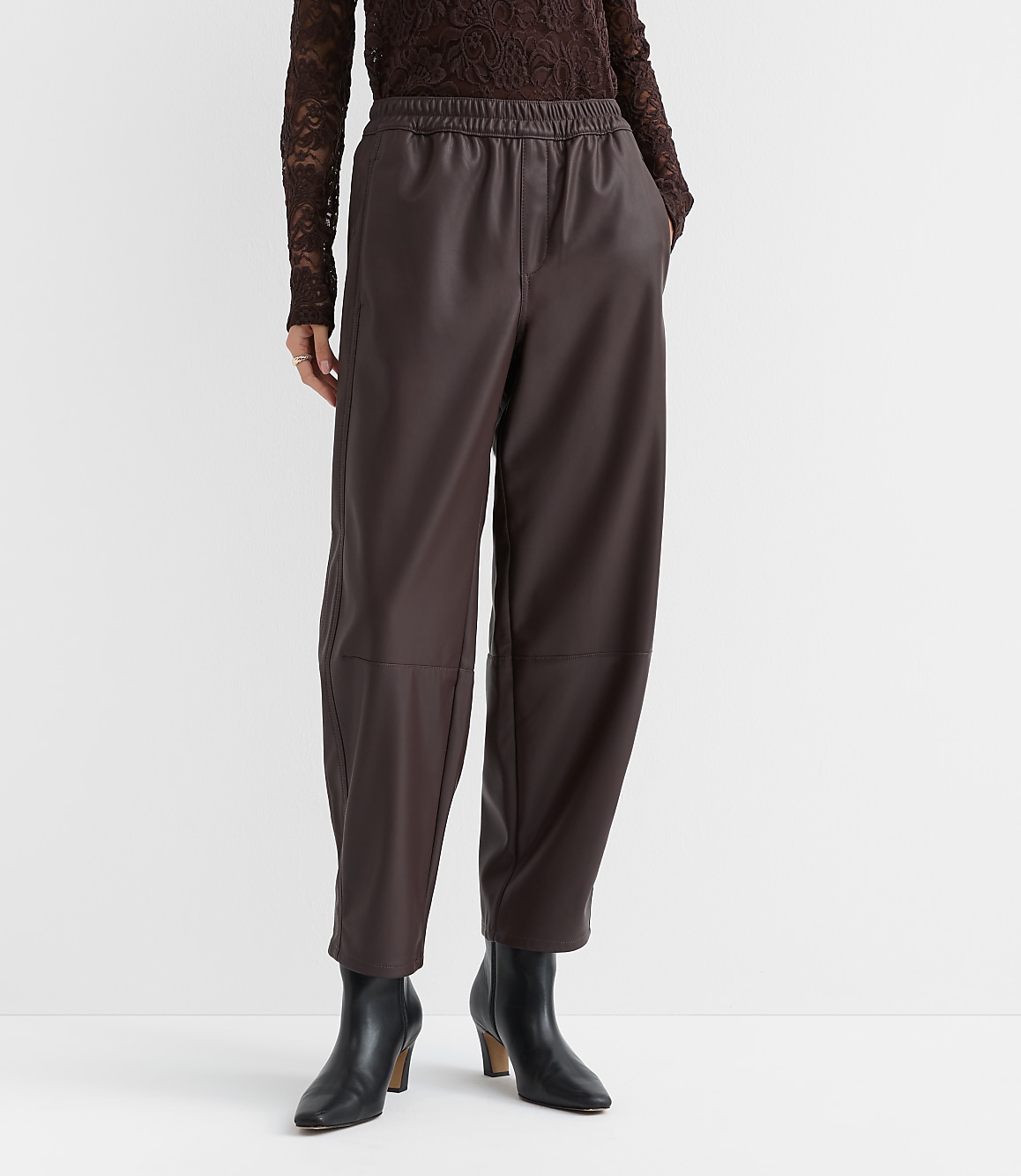 Petite Pull On Barrel Pants in Faux Leather