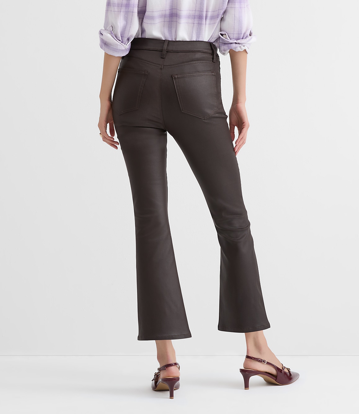 Coated High Rise Kick Crop Jeans in Brown
