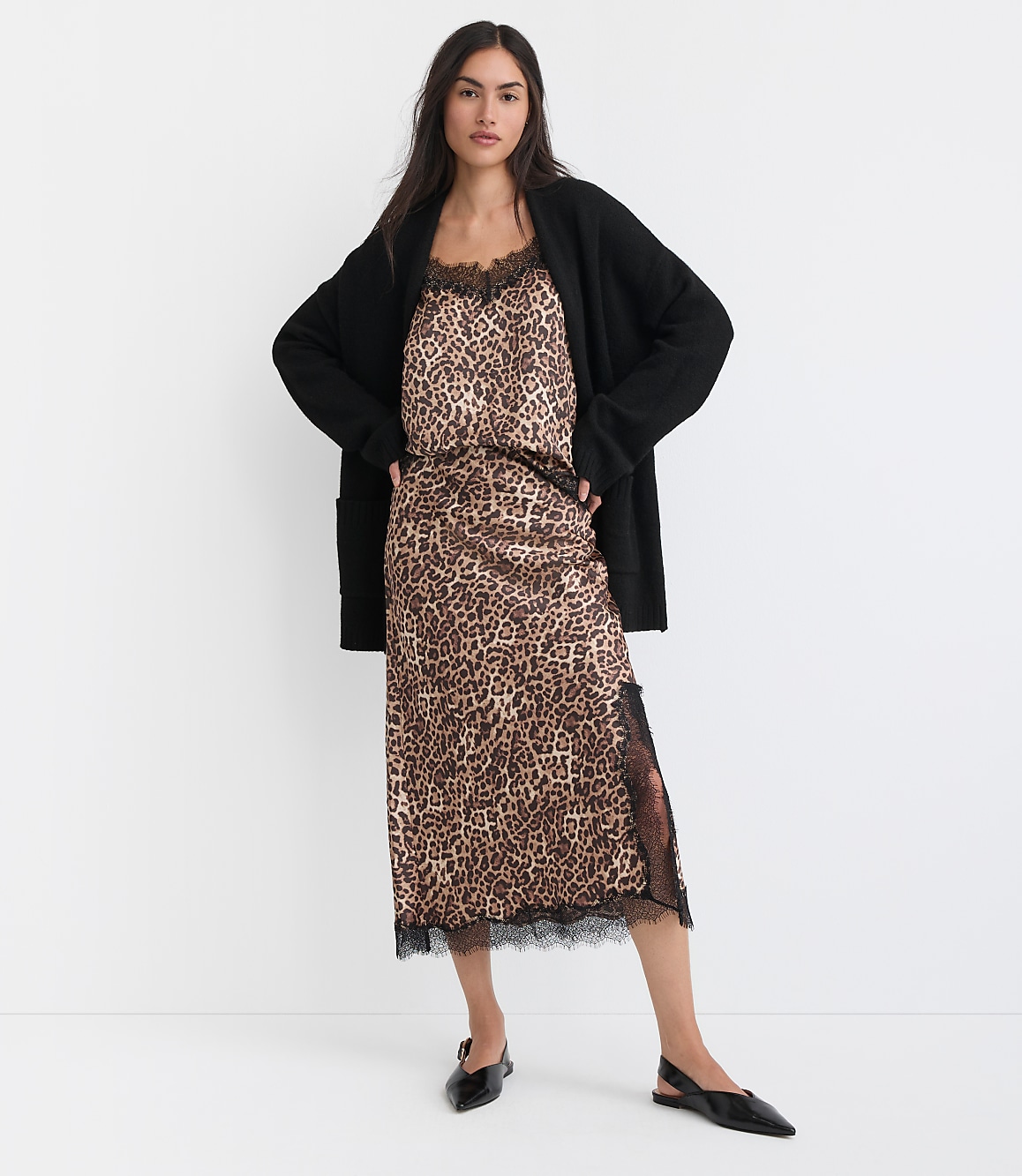 Leopard Print Lace Trim Satin Bias Midi Skirt