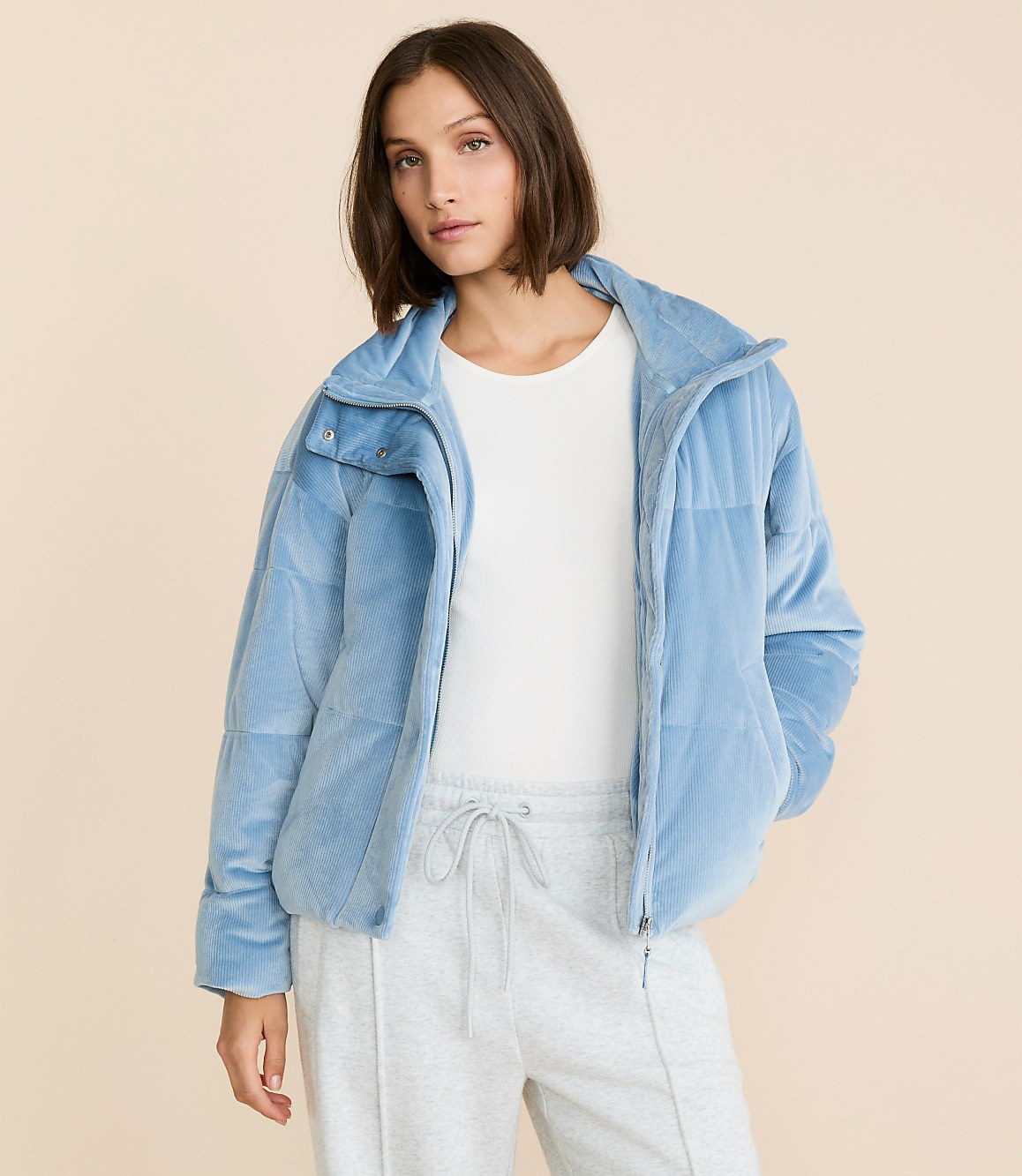 Petite Lou & Grey Ribbed Velour Puffer Jacket