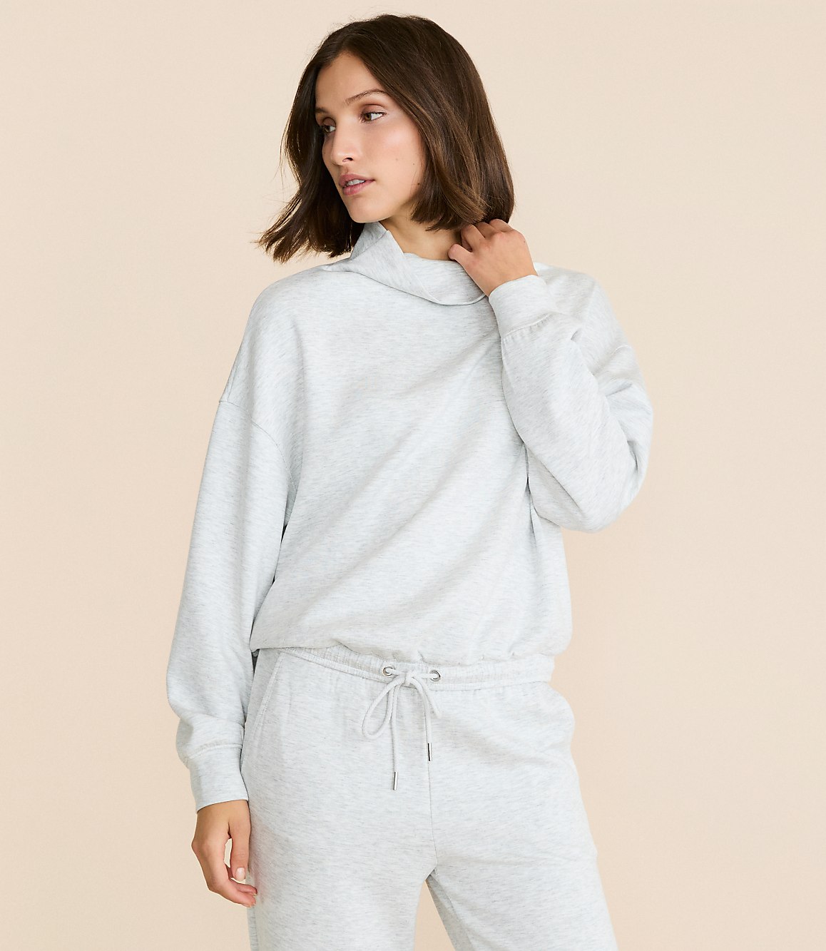 Lou & Grey Heathered Scubasoft Mock Neck Drawstring Hem Top