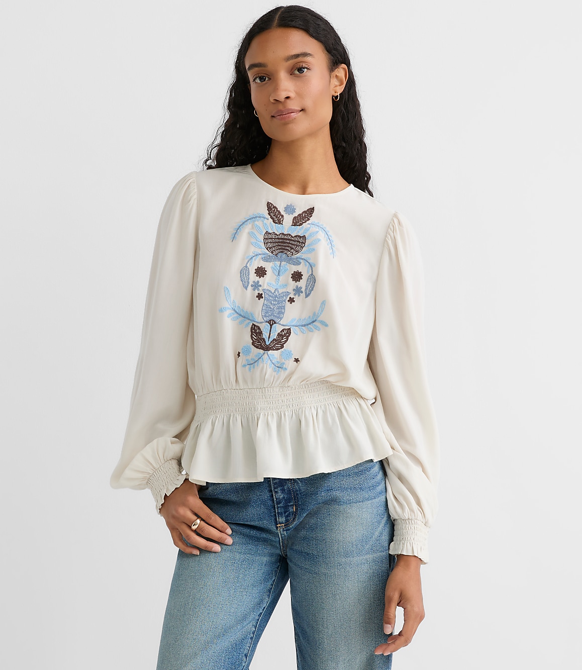 Petite Embroidered Smocked Peplum Blouse