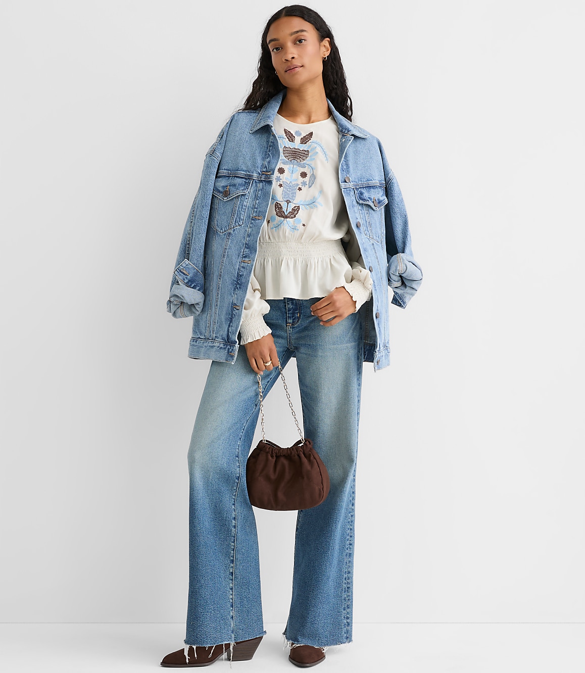 Petite Embroidered Smocked Peplum Blouse