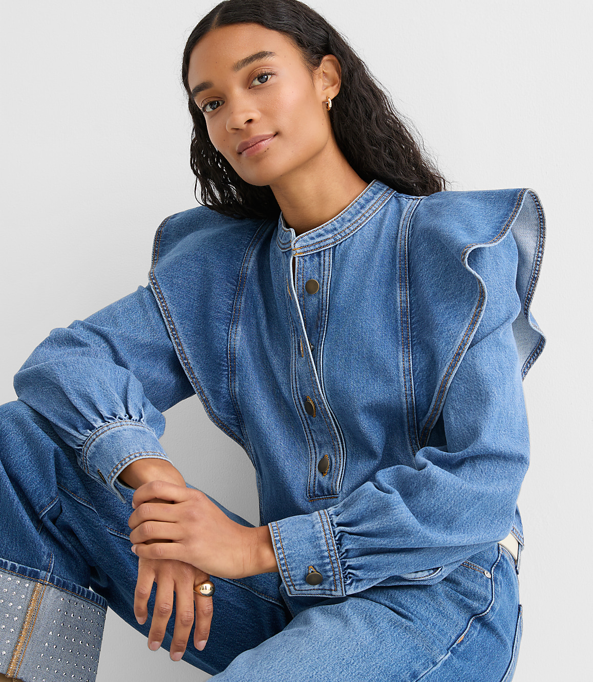 Ruffle Denim Shirt in Light Wash