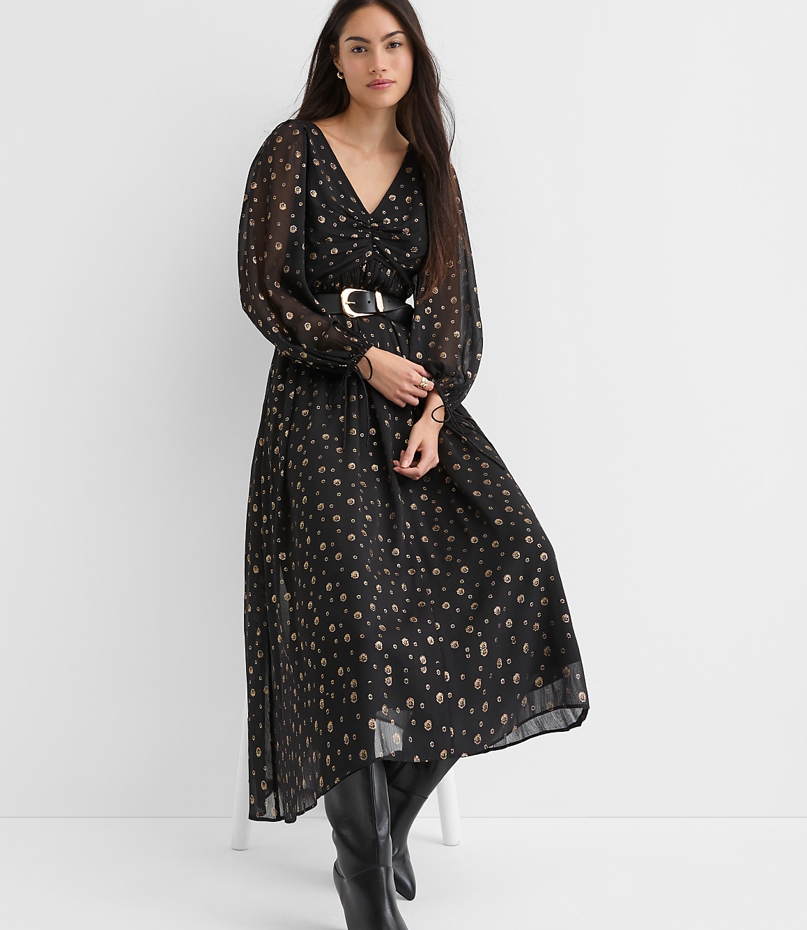 Petite Shimmer Geo Clip Ruched Maxi Dress