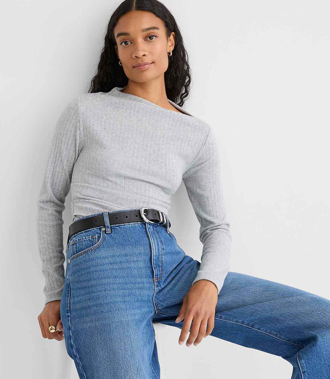 Heathered Cozy Ribbed Asymmetric Neck Top