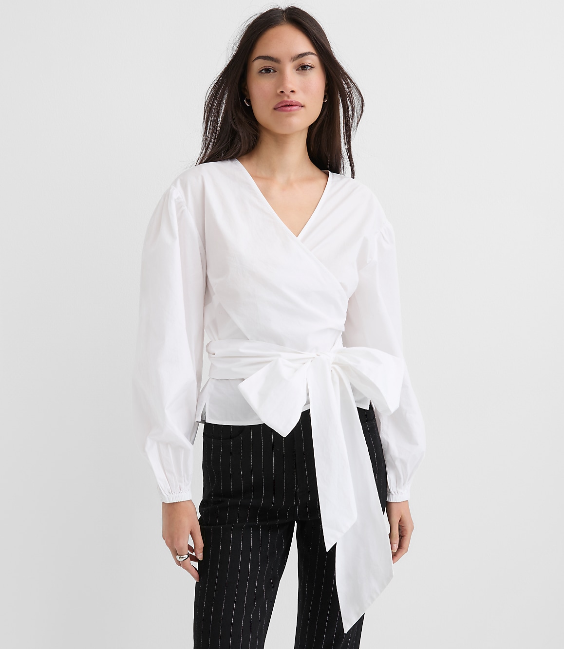 Petite Poplin Bubble Sleeve Wrap Top