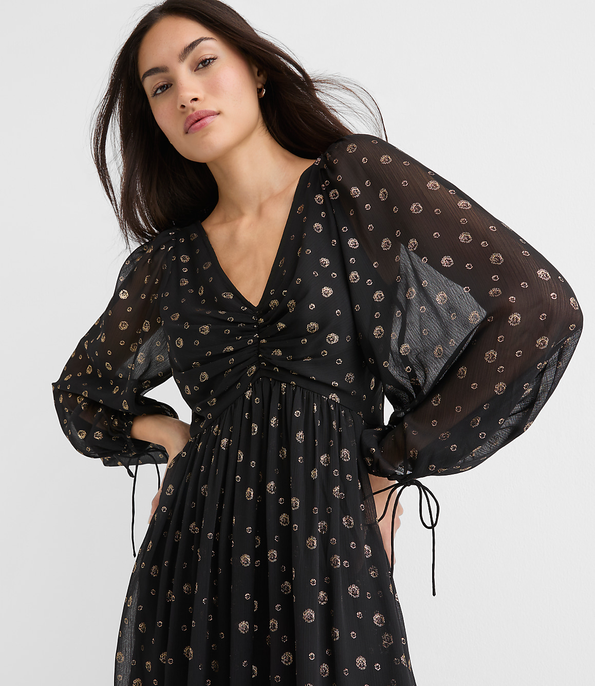 Petite Shimmer Geo Clip Ruched Maxi Dress