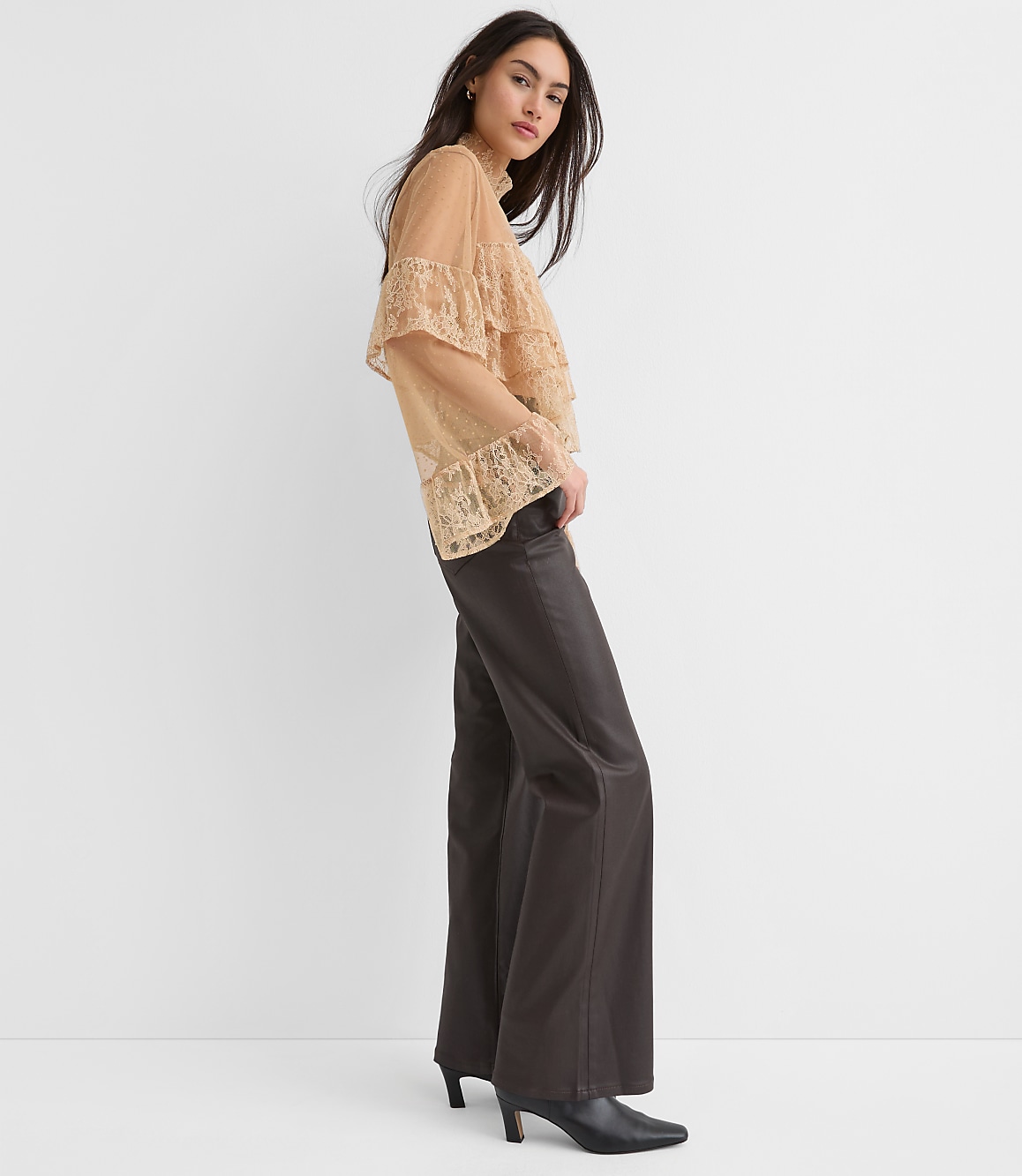 Petite Velvet Dotted Chantilly Lace Ruffle Top