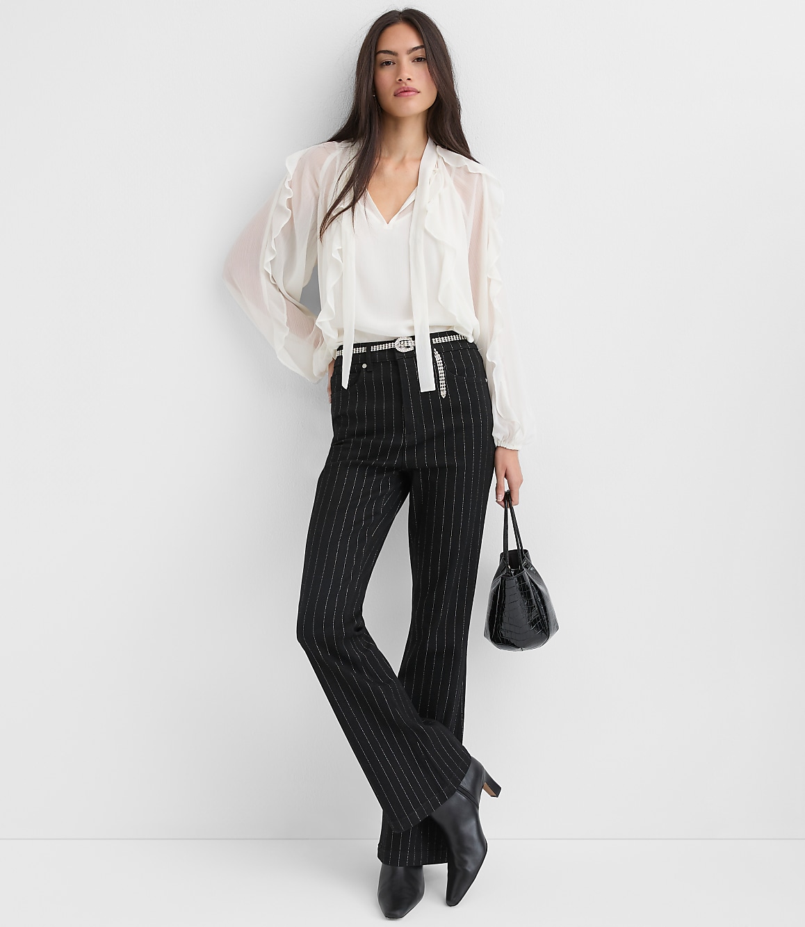 Petite High Rise Slim Flare Jeans in Black Shimmer Pinstripe