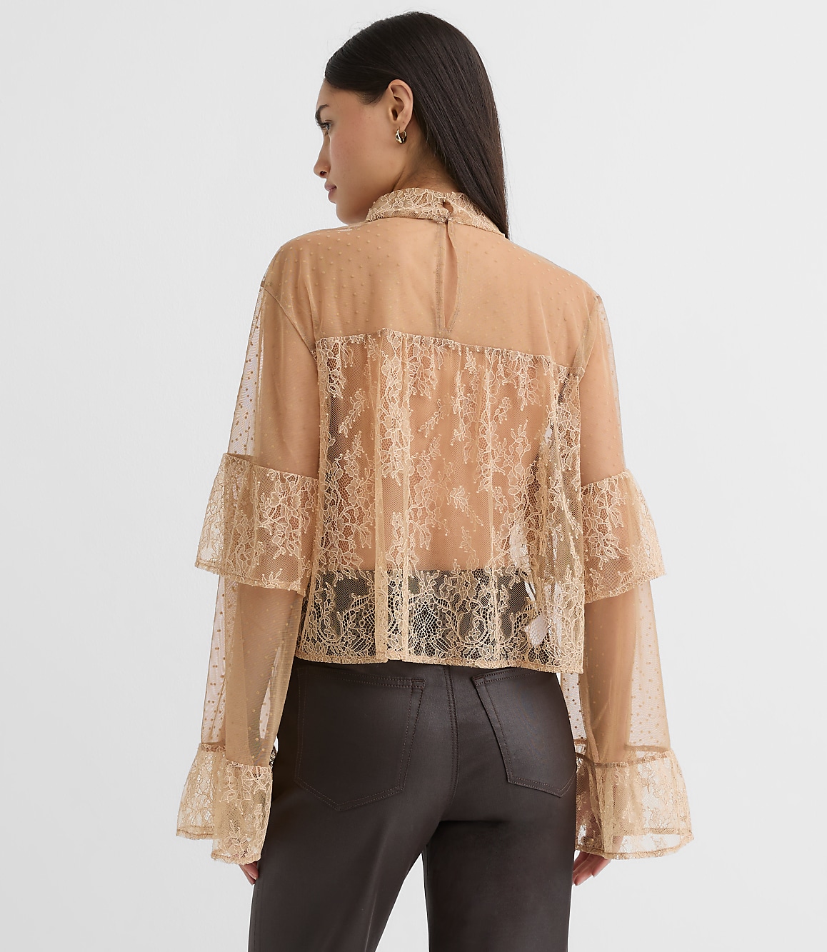 Petite Velvet Dotted Chantilly Lace Ruffle Top