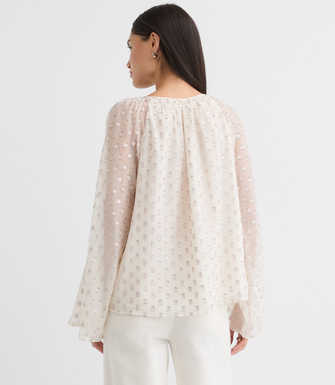 Shimmer Clip Flare Sleeve Tie Neck Blouse