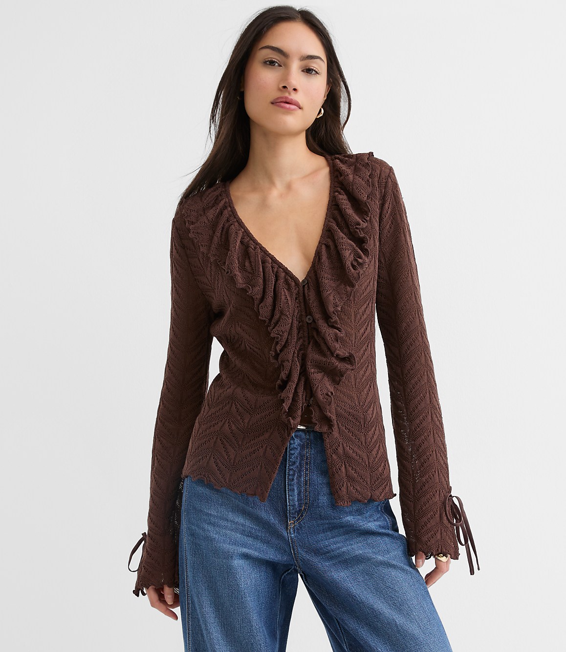 Pointelle Ruffle Tie Cuff Top