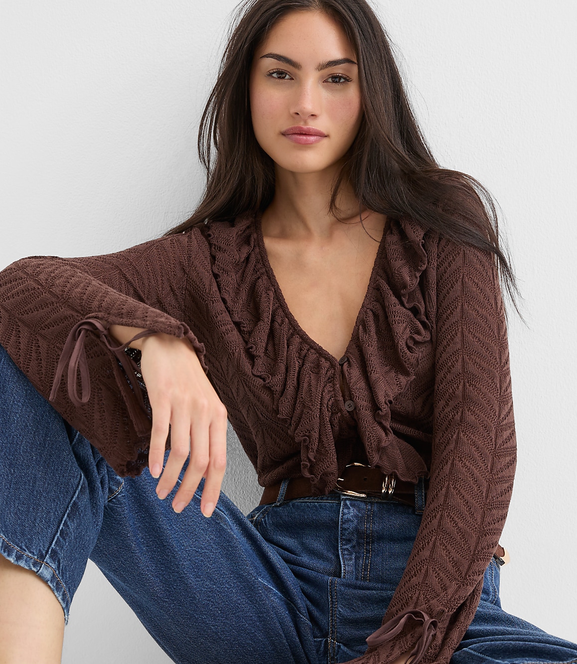 Pointelle Ruffle Tie Cuff Top