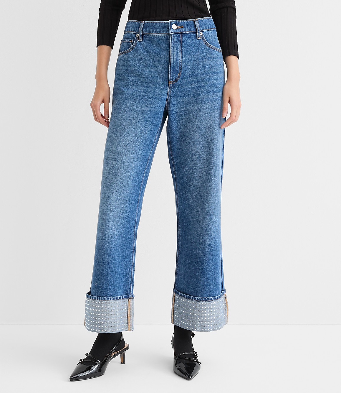 Curvy Embellished Cuffed High Rise Wide Leg Crop Jeans in Bright Mid Indigo Wash