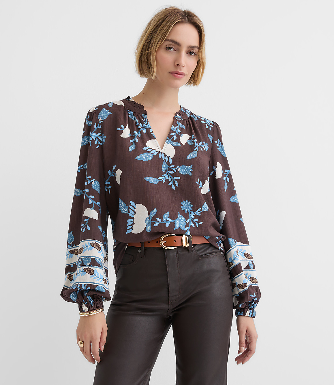 Petite Garden Ruffle Split Neck Blouse