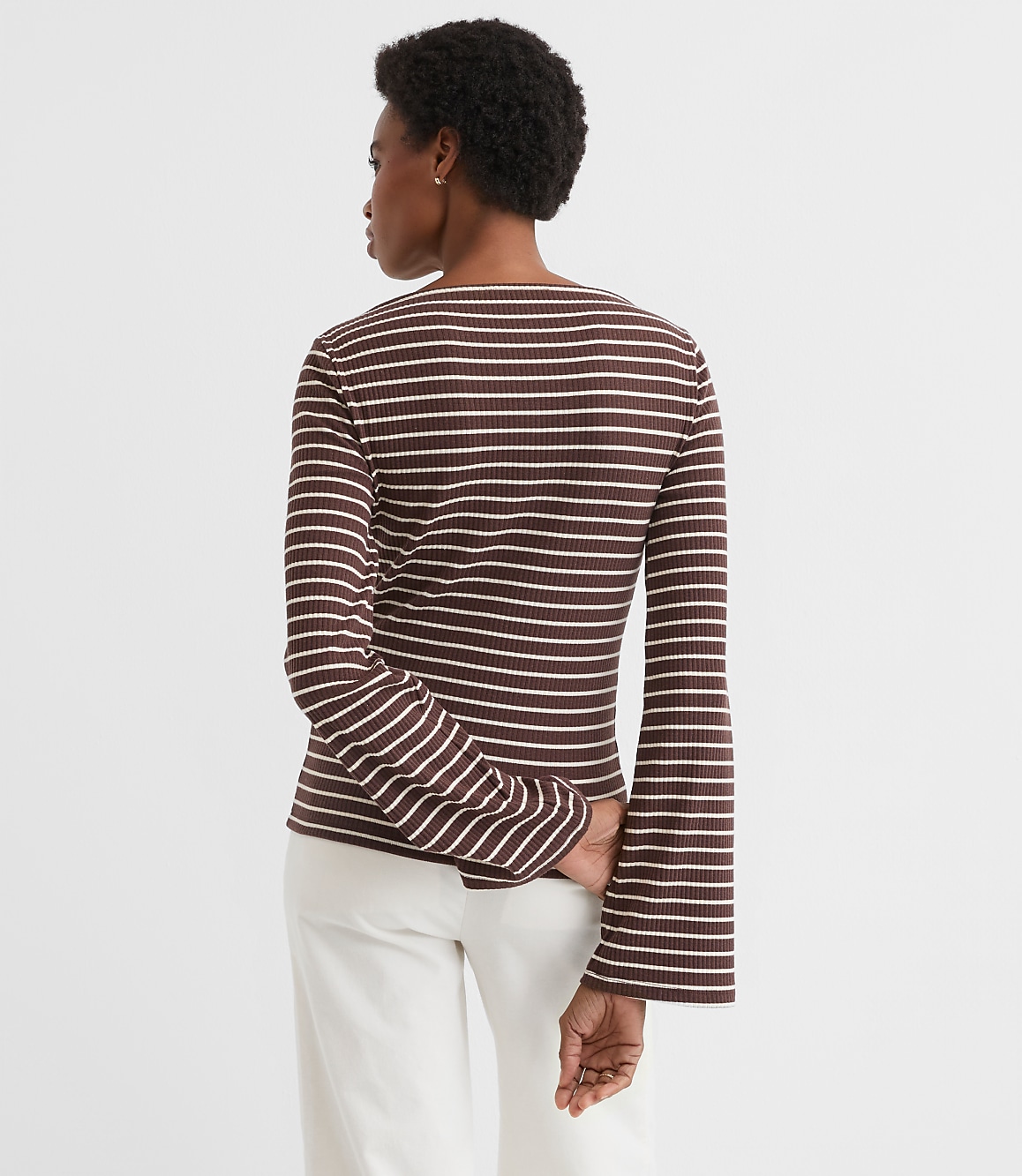 Petite Stripe Ribbed Flare Sleeve Boatneck Top