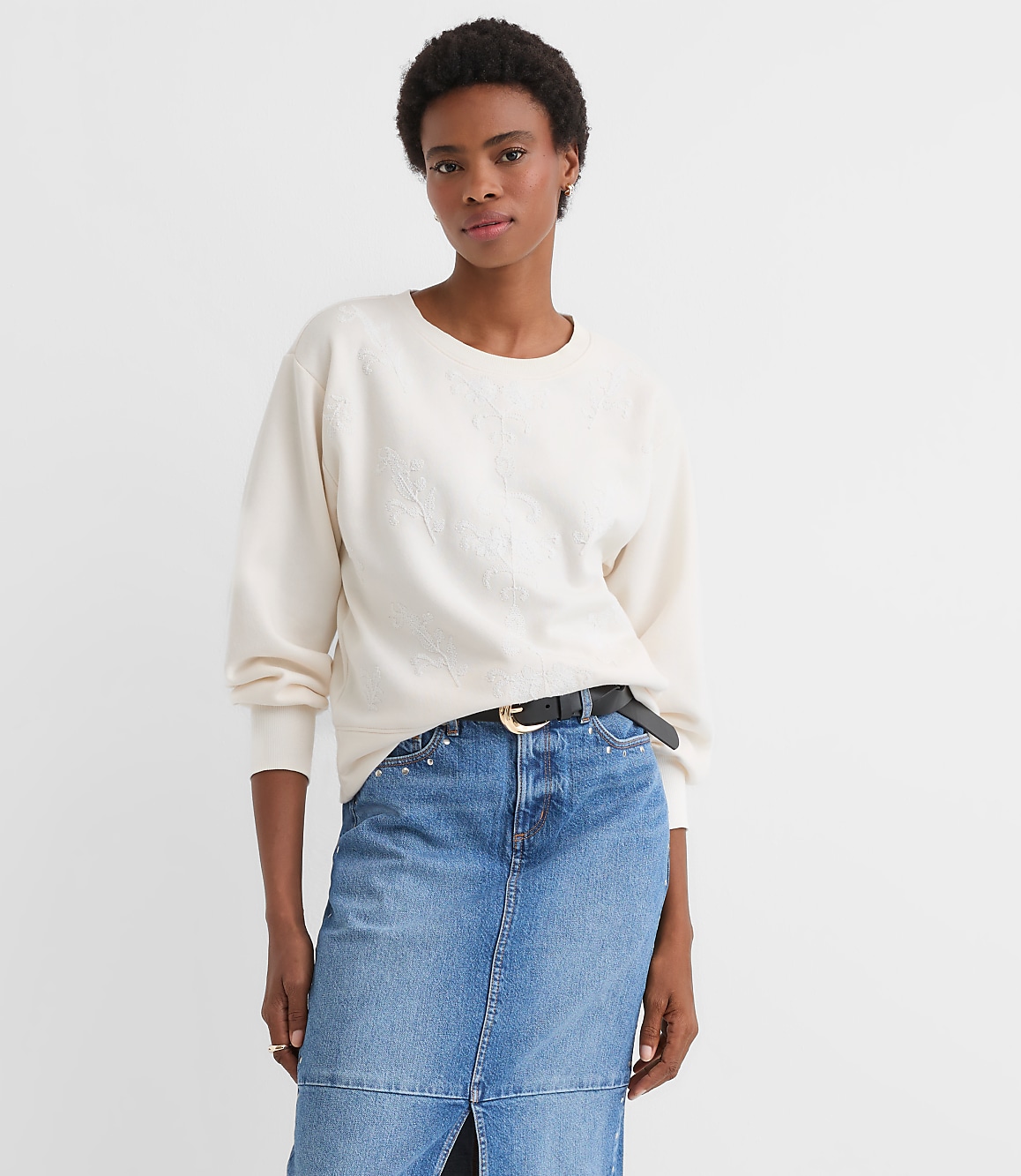 Floral Embroidered Terry Puff Sleeve Sweatshirt