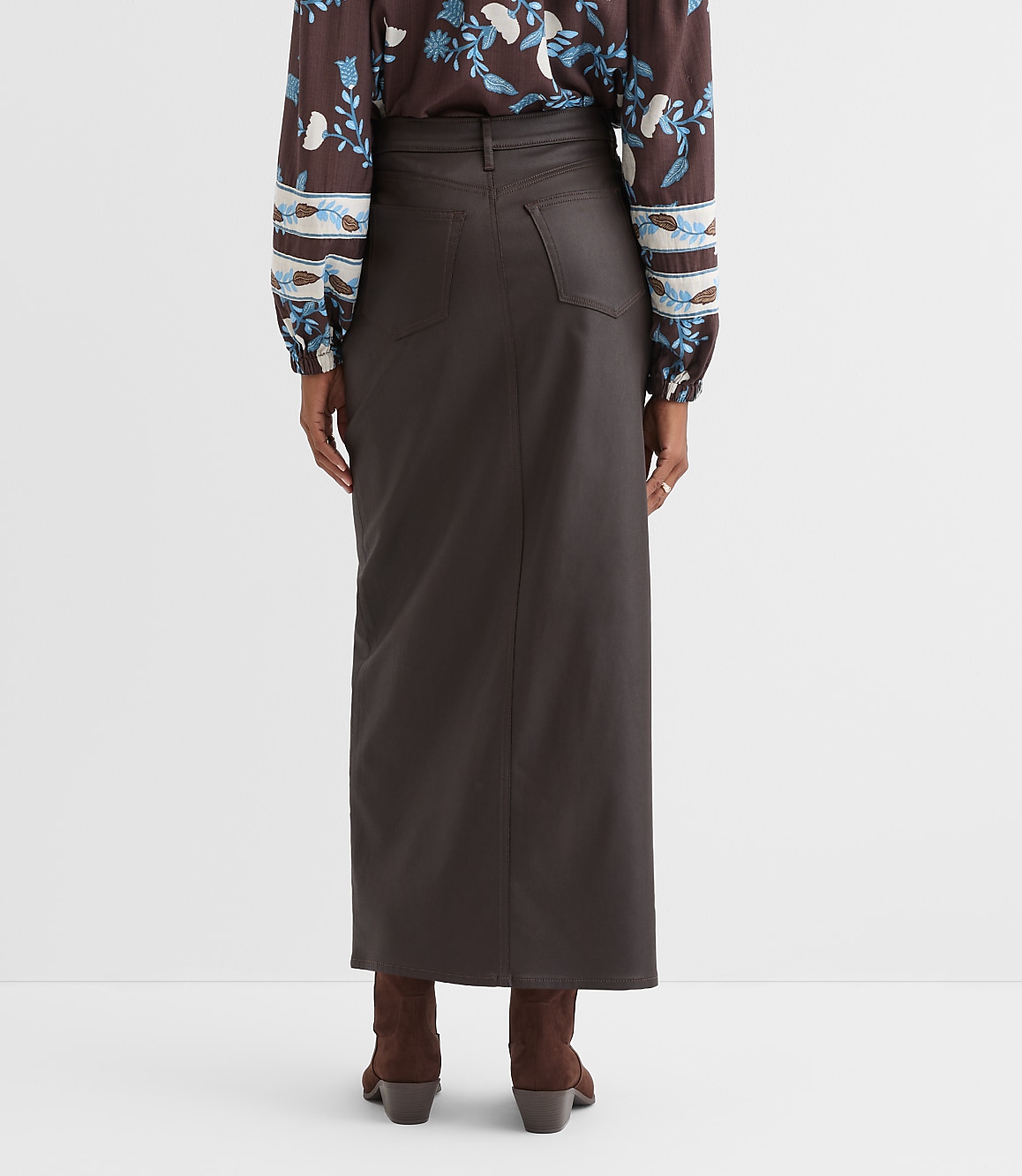 Coated Denim Maxi Skirt in Brown