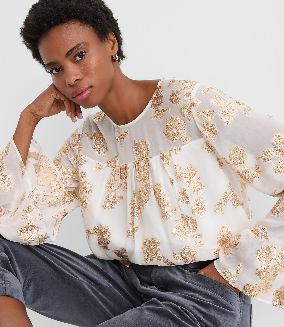 Shimmer Jacquard Ruffle Cuff Blouse