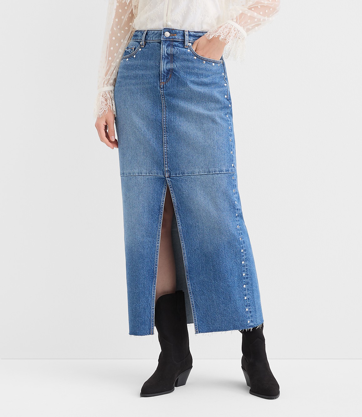 Petite Studded Denim Maxi Skirt in Classic Mid Wash