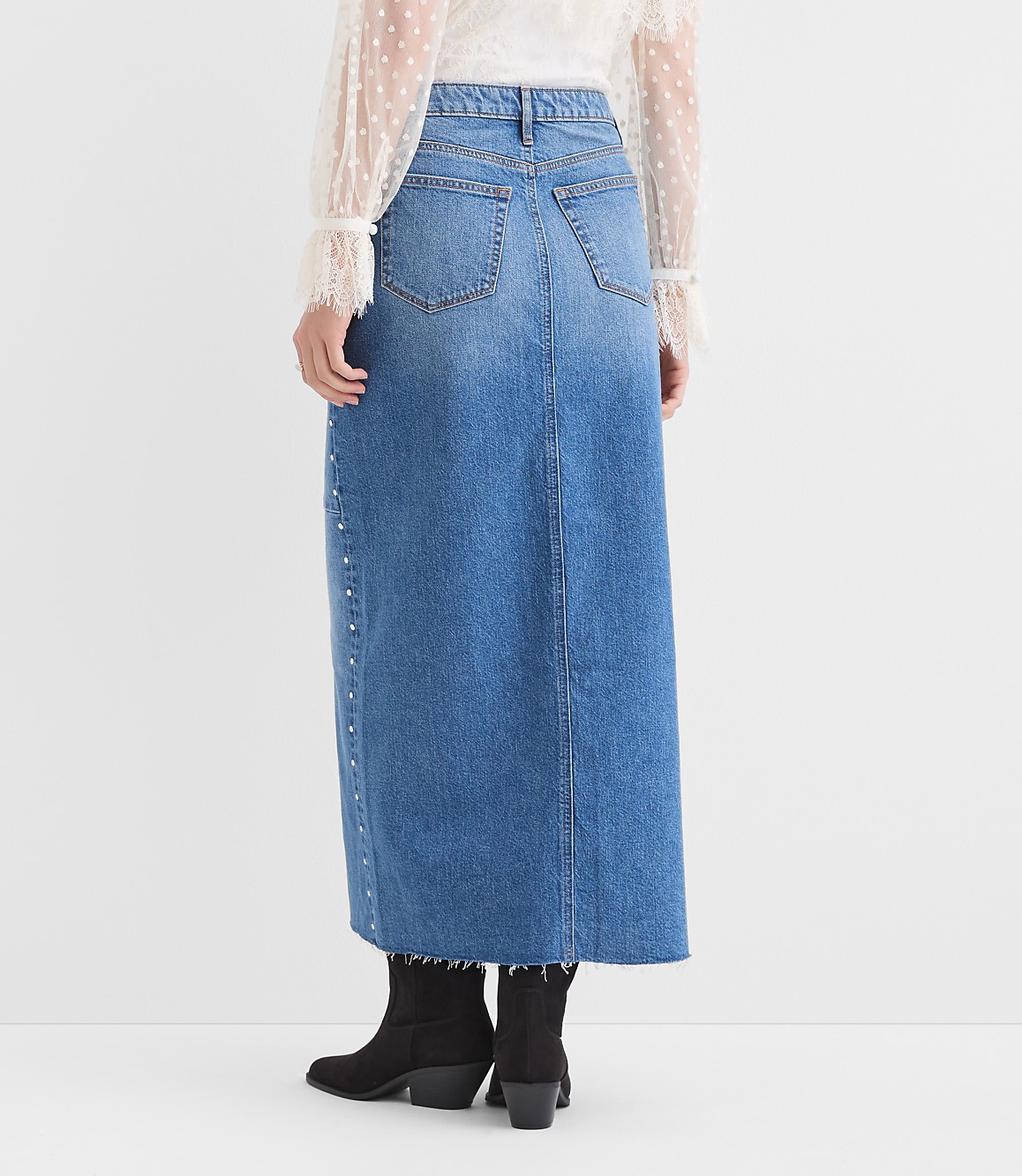 Petite Studded Denim Maxi Skirt in Classic Mid Wash