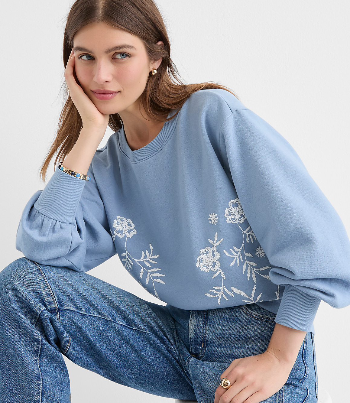 Floral Embroidered Terry Puff Sleeve Sweatshirt