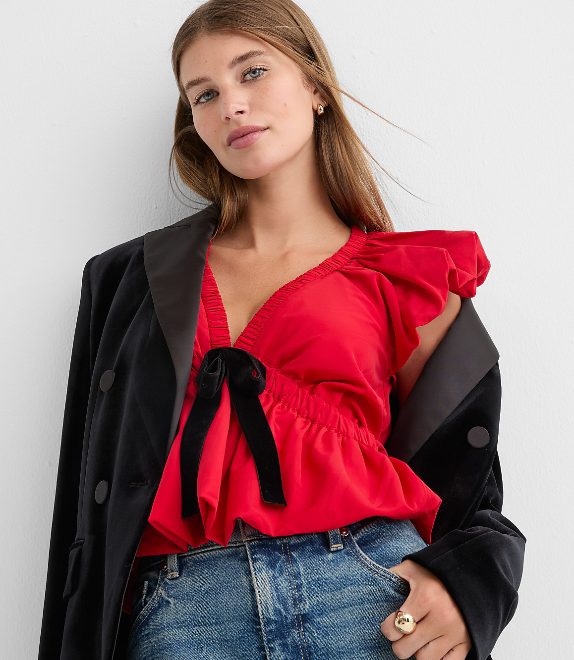 Velvet Bow Flutter Peplum Top