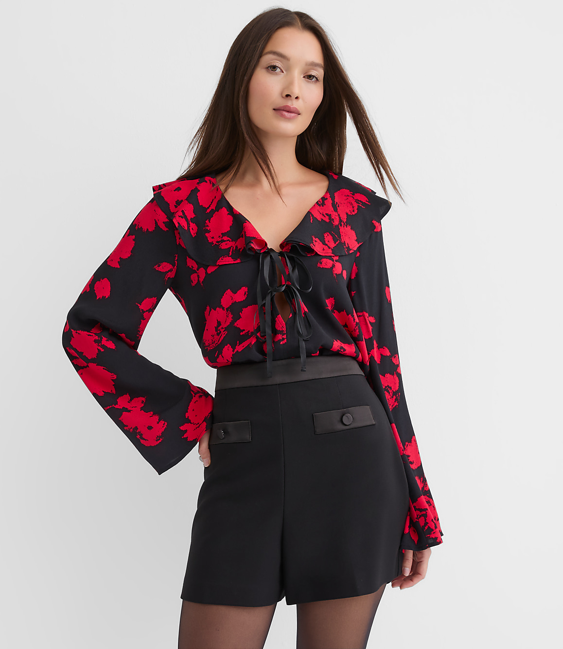 Floral Bow Ruffle Collar Blouse