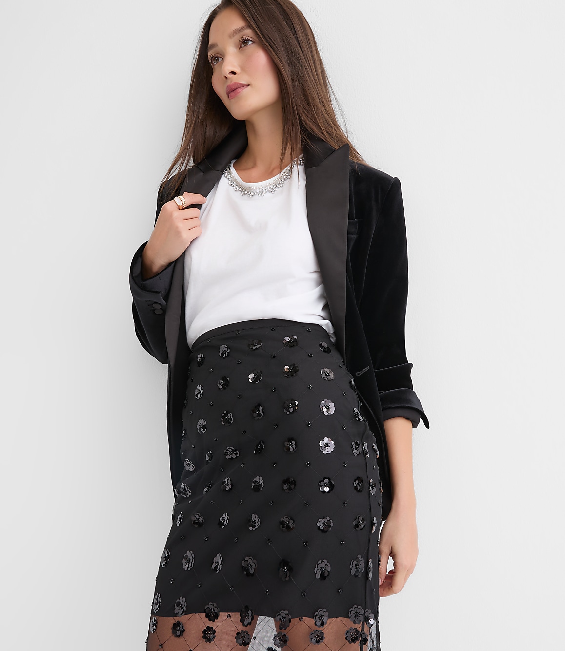 Floral Sequin Overlay Midi Skirt