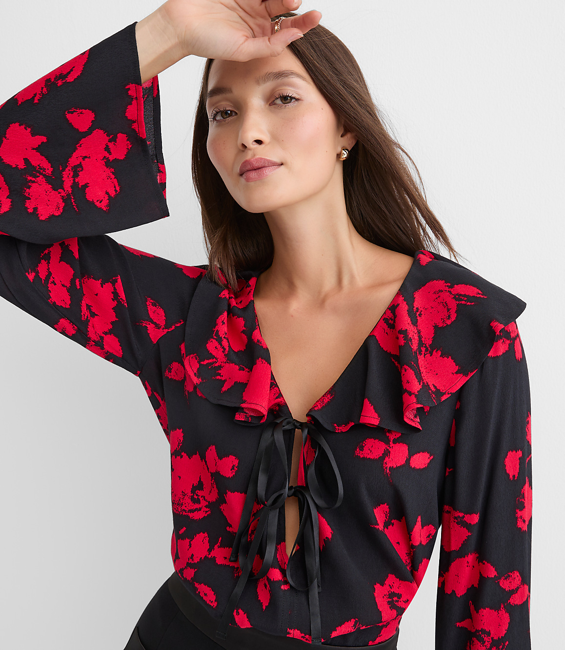 Floral Bow Ruffle Collar Blouse