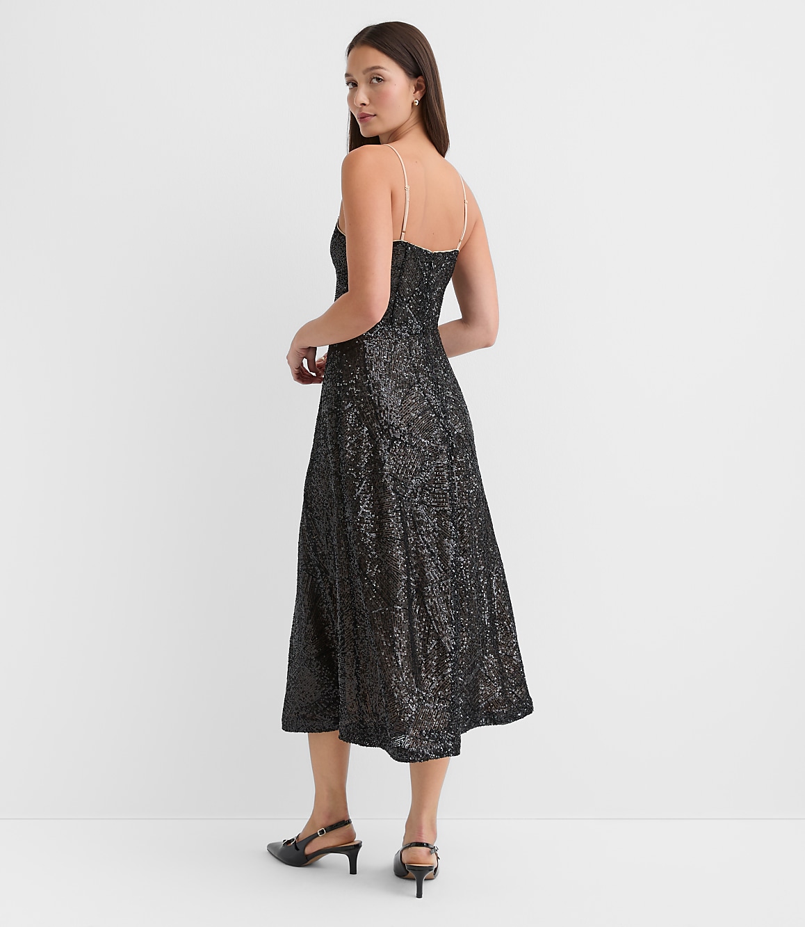 Loft Sequin Strappy Midi Dress Size 00 Black Women's