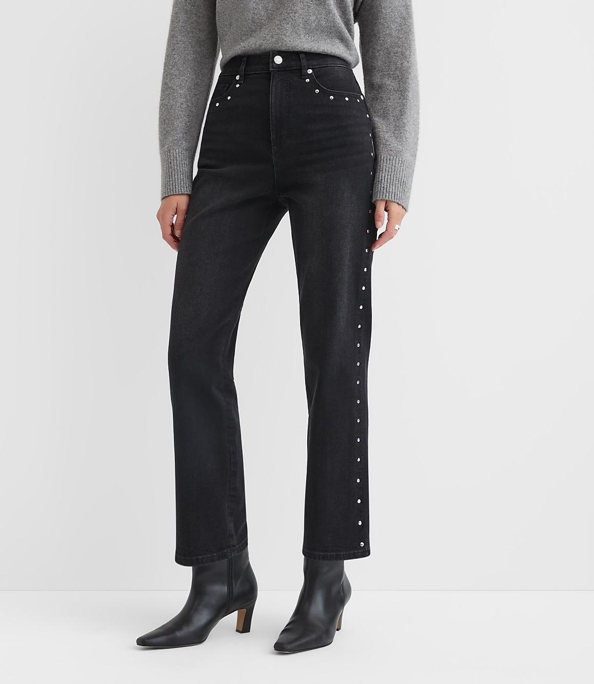 Studded High Rise Straight Jeans in Washed Black