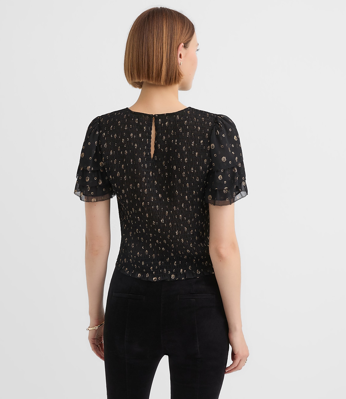 Petite Shimmer Dot Smocked Ruffle Top
