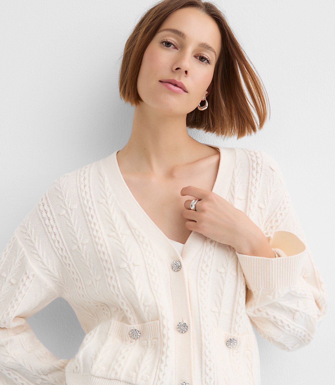 Crystal Button Cable V-Neck Cardigan