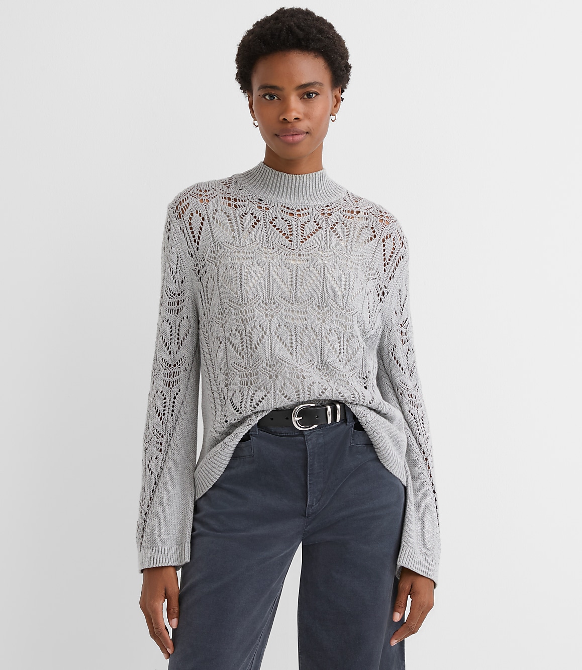 Melange Pointelle Flare Sleeve Sweater
