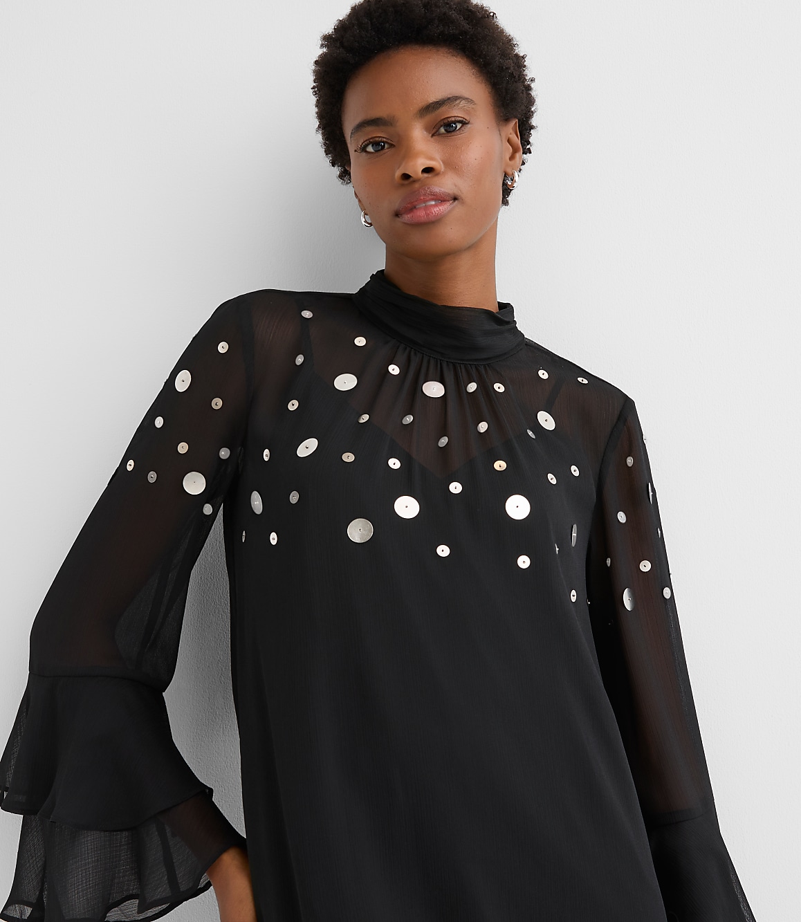 Petite Sequin Ruffle Mock Neck Mini Dress