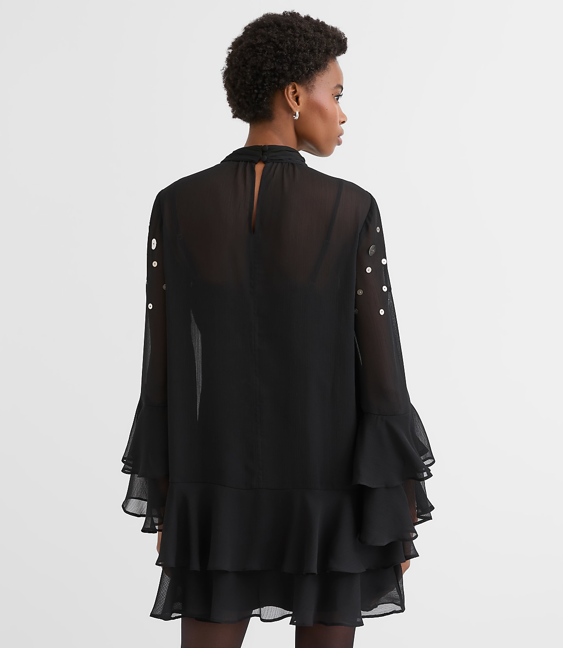 Sequin Ruffle Mock Neck Mini Dress