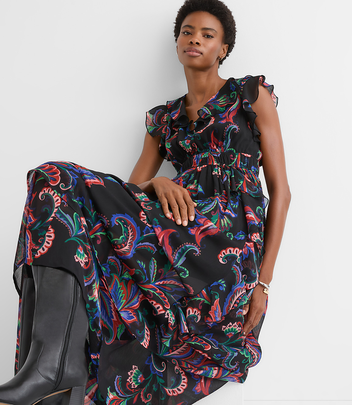 Loft Paisley Ruffle Flounce Maxi Dress Size 2XS Black Women's