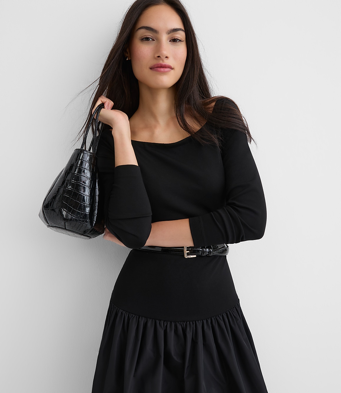 Petite Taffeta Ponte Off The Shoulder Maxi Dress