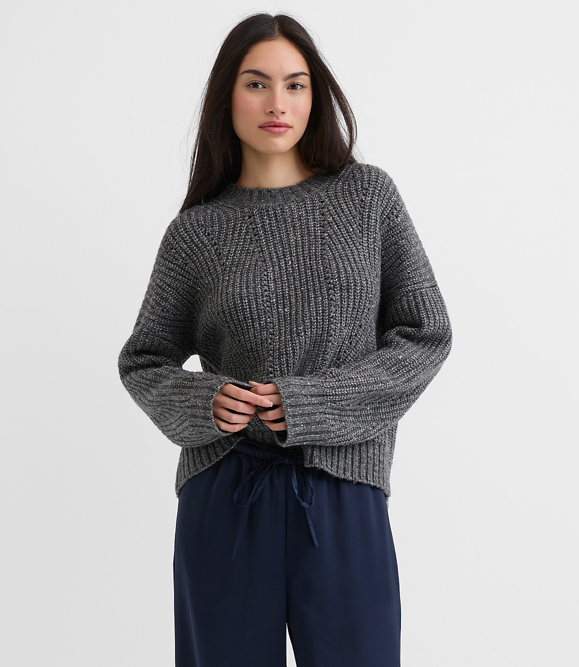 Petite Sequin Pointelle Ribbed Relaxed Sweater