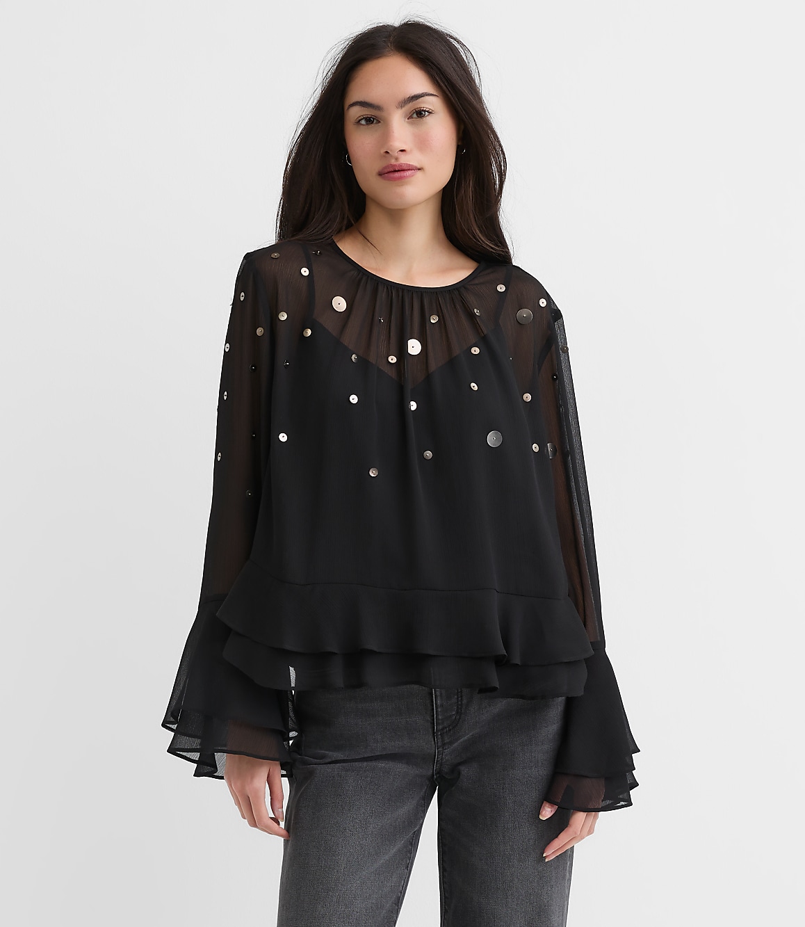 Petite Sequin Ruffle Peplum Blouse