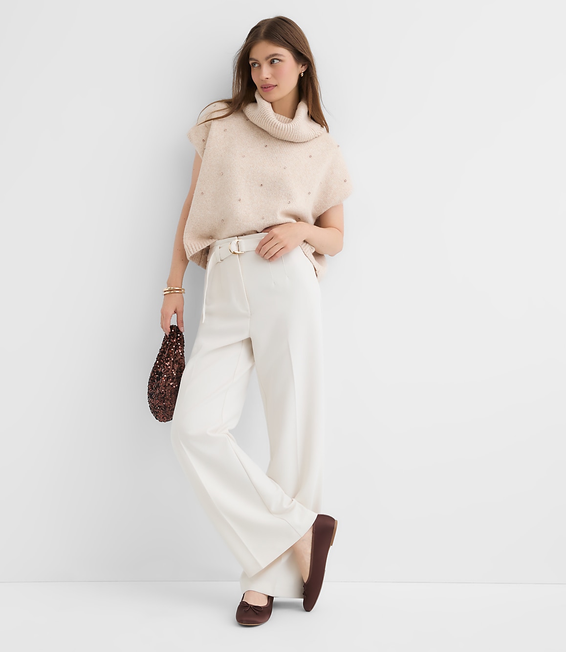 Sparkle Embellished Turtleneck Poncho Sweater