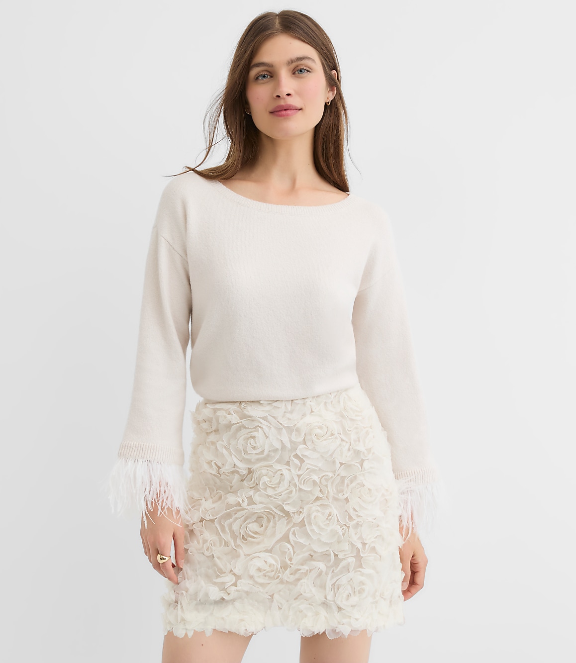 Feathered Cuff Boatneck Sweater