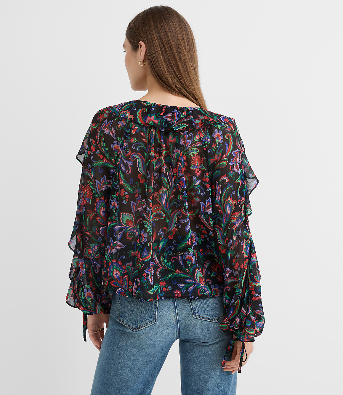 Floral Ruffle Tie Cuff Blouse