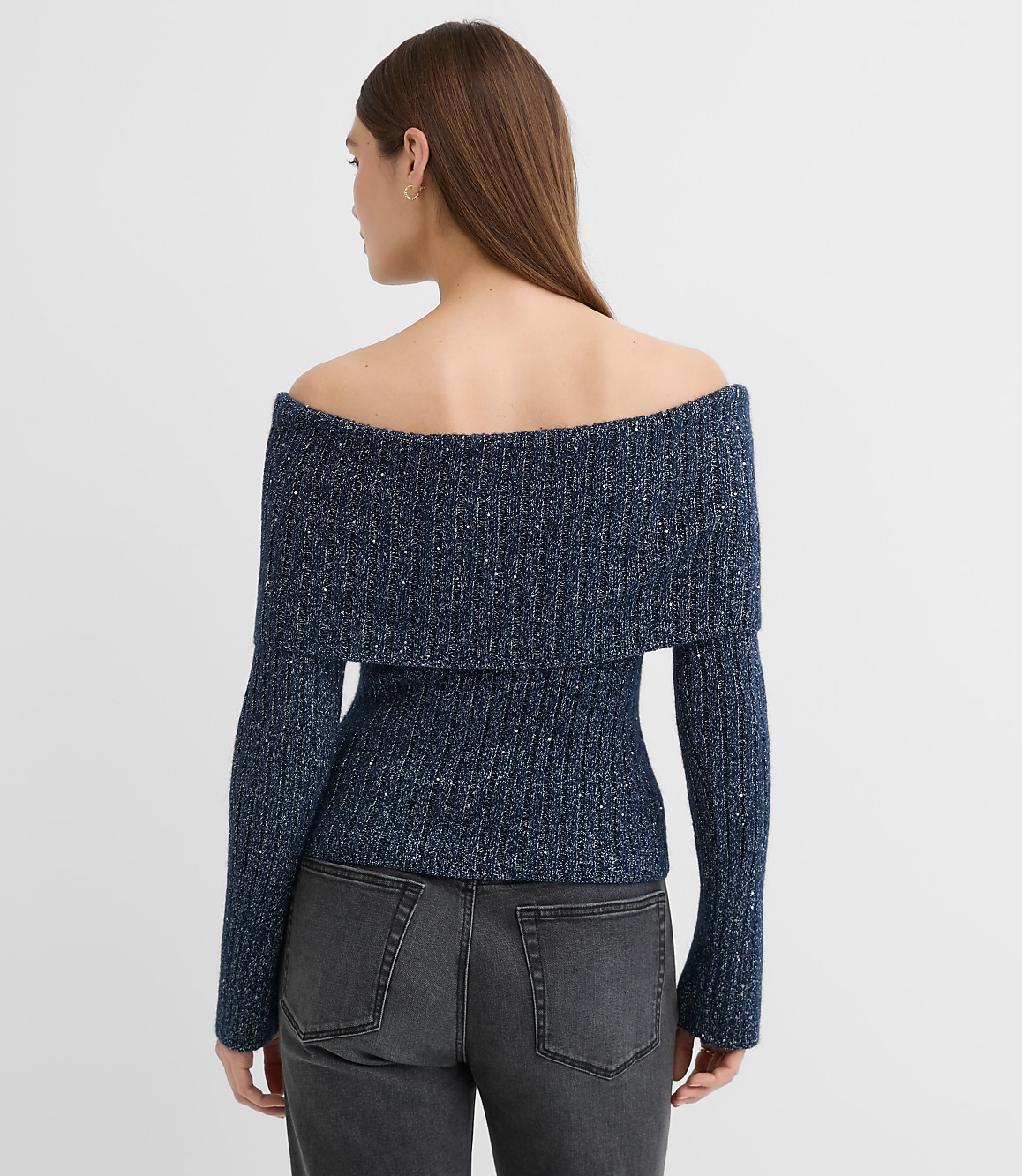 Petite Shimmer Ribbed Flare Sleeve Off The Shoulder Sweater