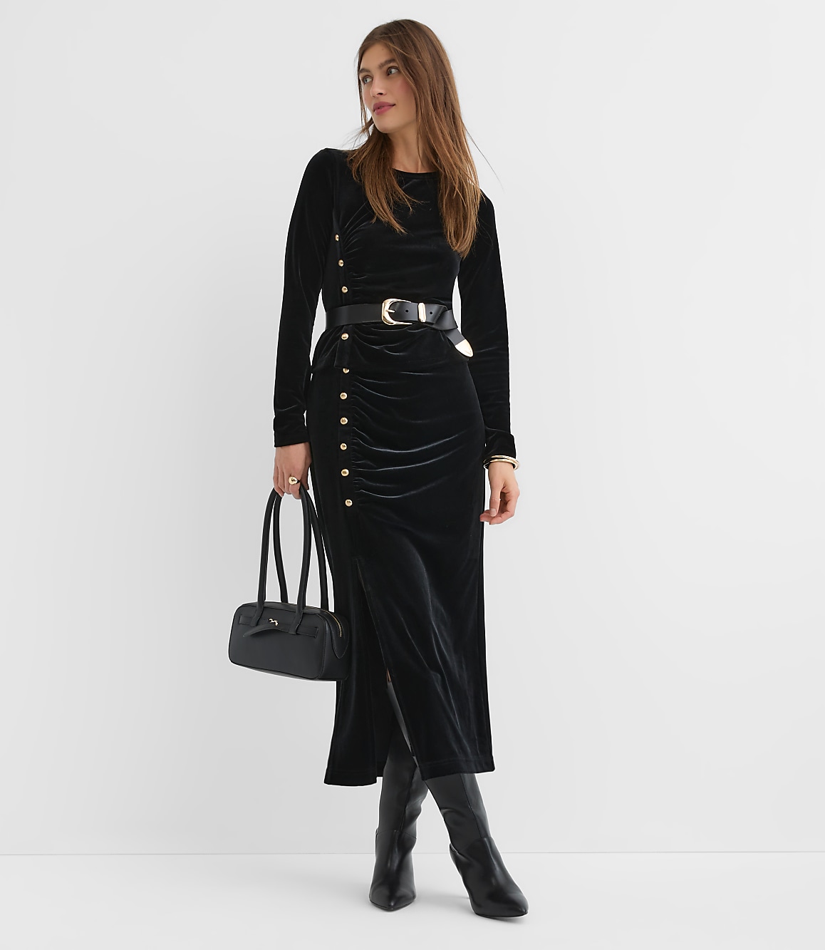 Petite Velvet Ruched Button Midi Skirt