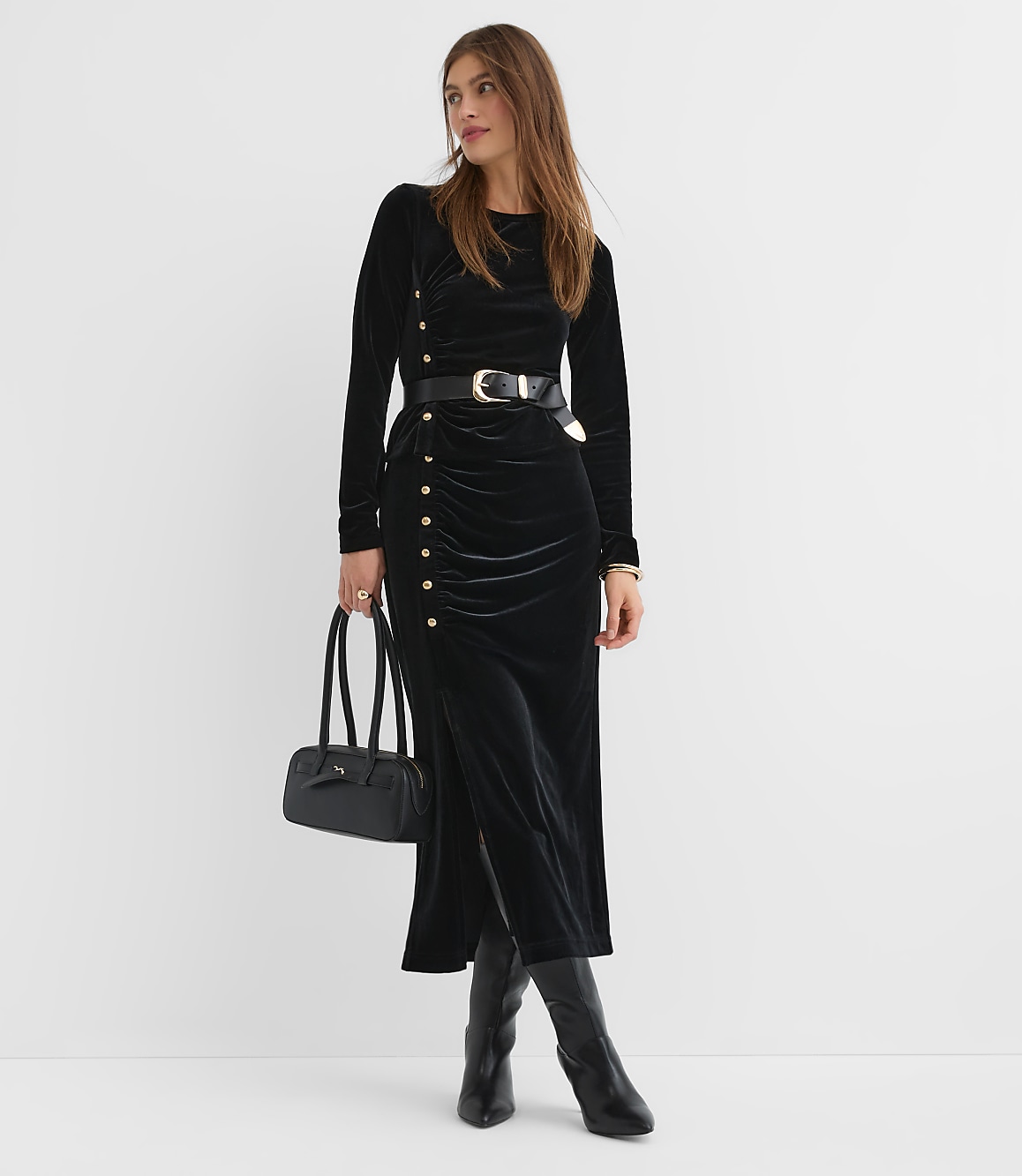 Velvet Ruched Button Midi Skirt