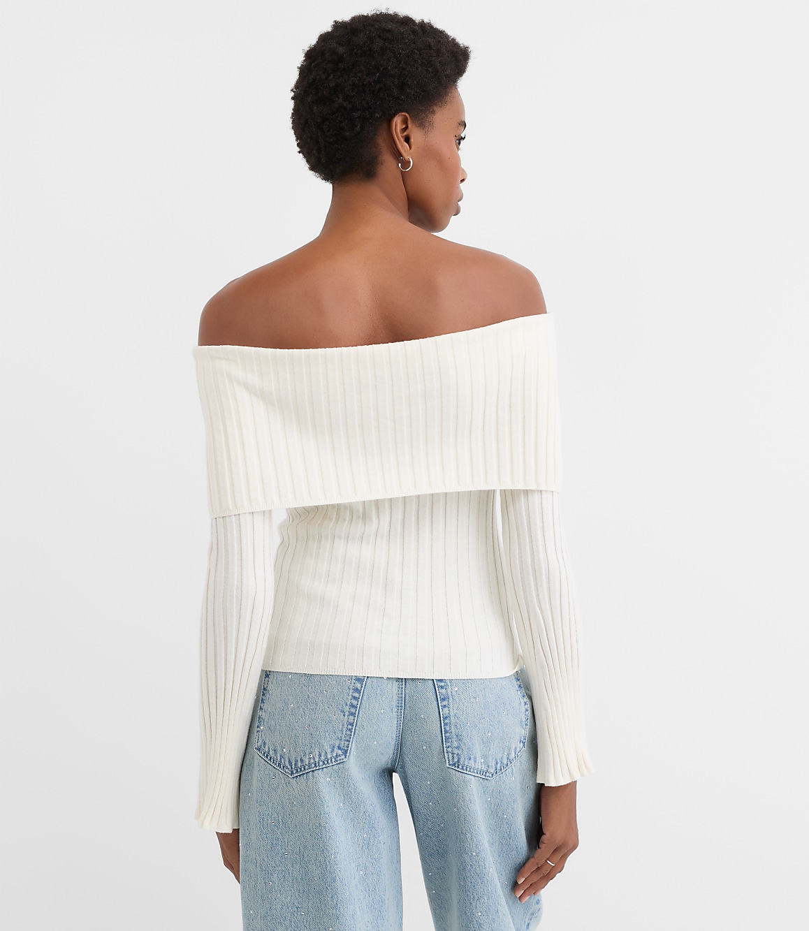 Petite Ribbed Flare Sleeve Off The Shoulder Sweater