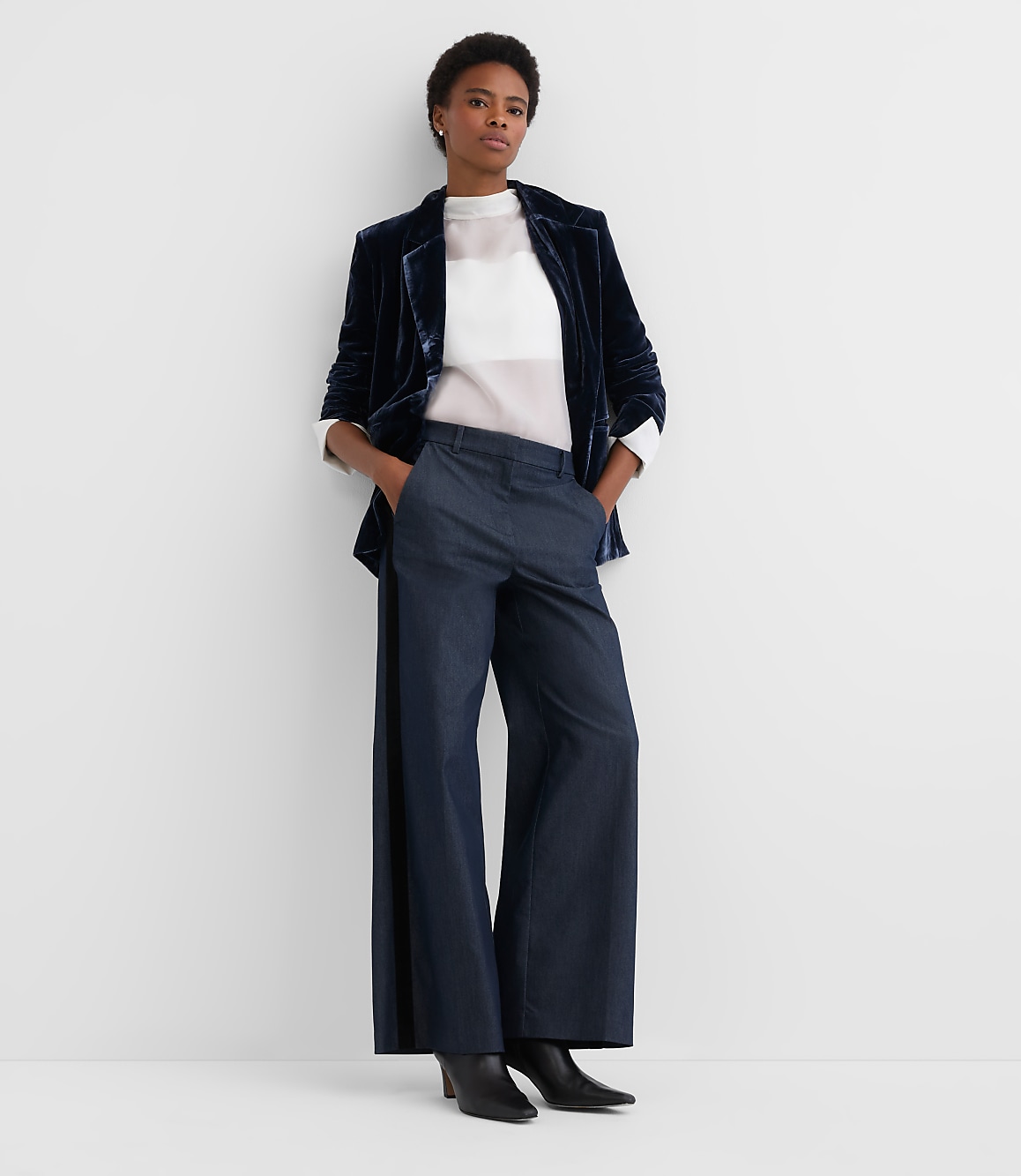 Velvet Tuxedo Stripe Clean Wide Leg Pants in Refined Denim